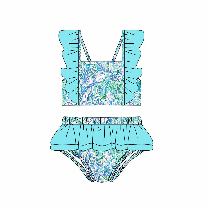 Flutter sleeves watercolor seaweed girls summer swimsuit