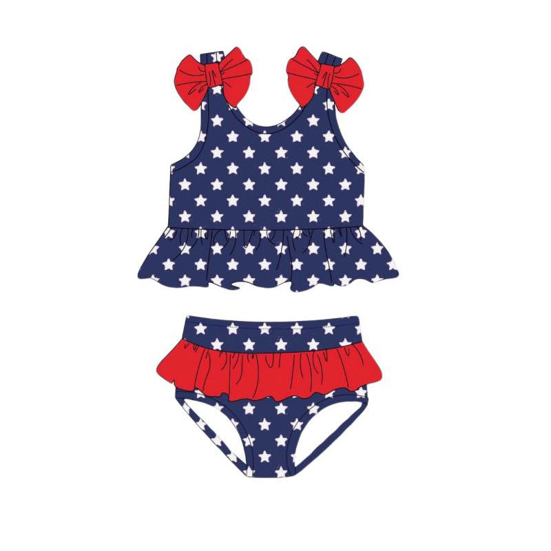 Blue stars red ruffle girls 4th of july two pcs swimsuit