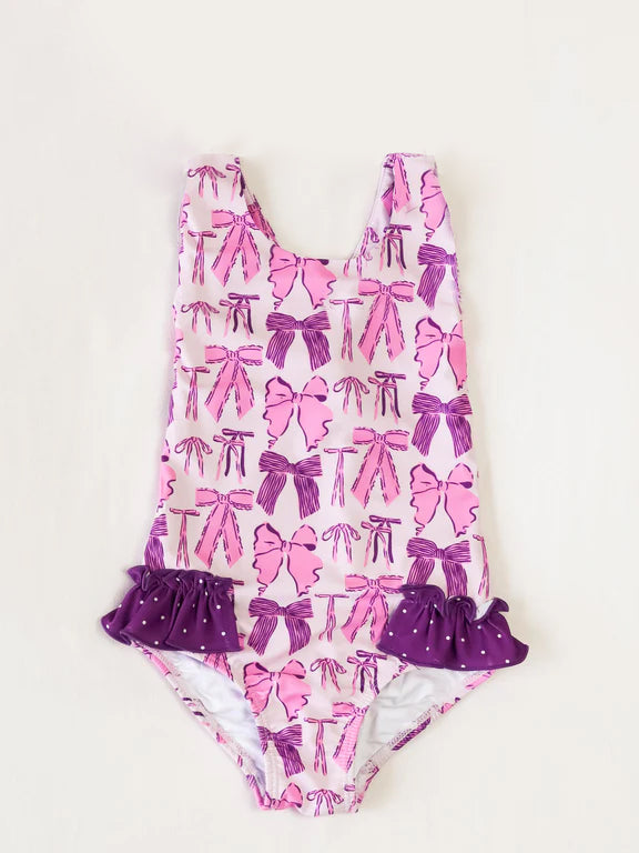 Sleeveless purple pink bow girls summer one piece swimsuit