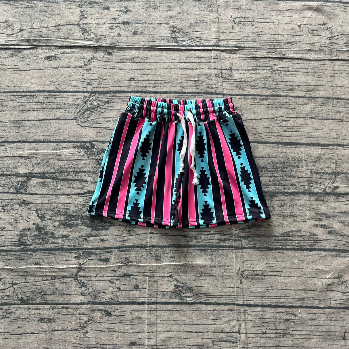 Light blue aztec stripe western kids boys swim trunks