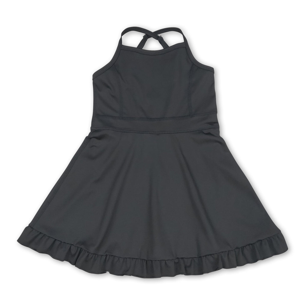 Black straps ruffle kids girls athletic dresses