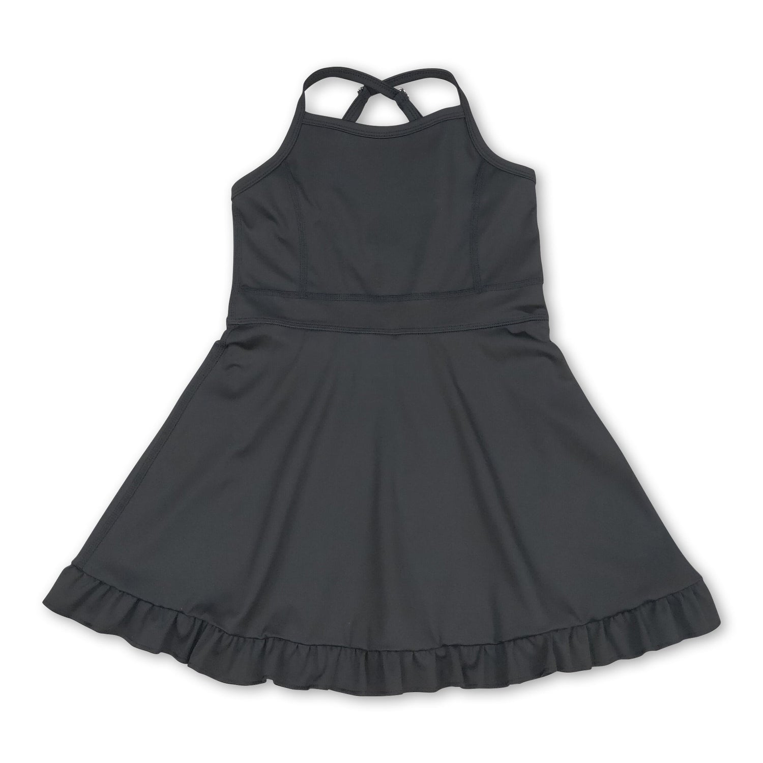 Black straps ruffle kids girls athletic dresses