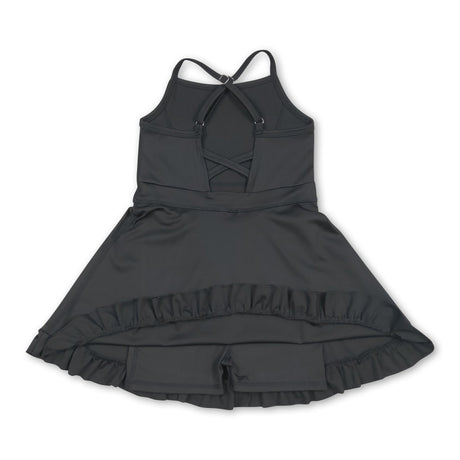 Black straps ruffle kids girls athletic dresses