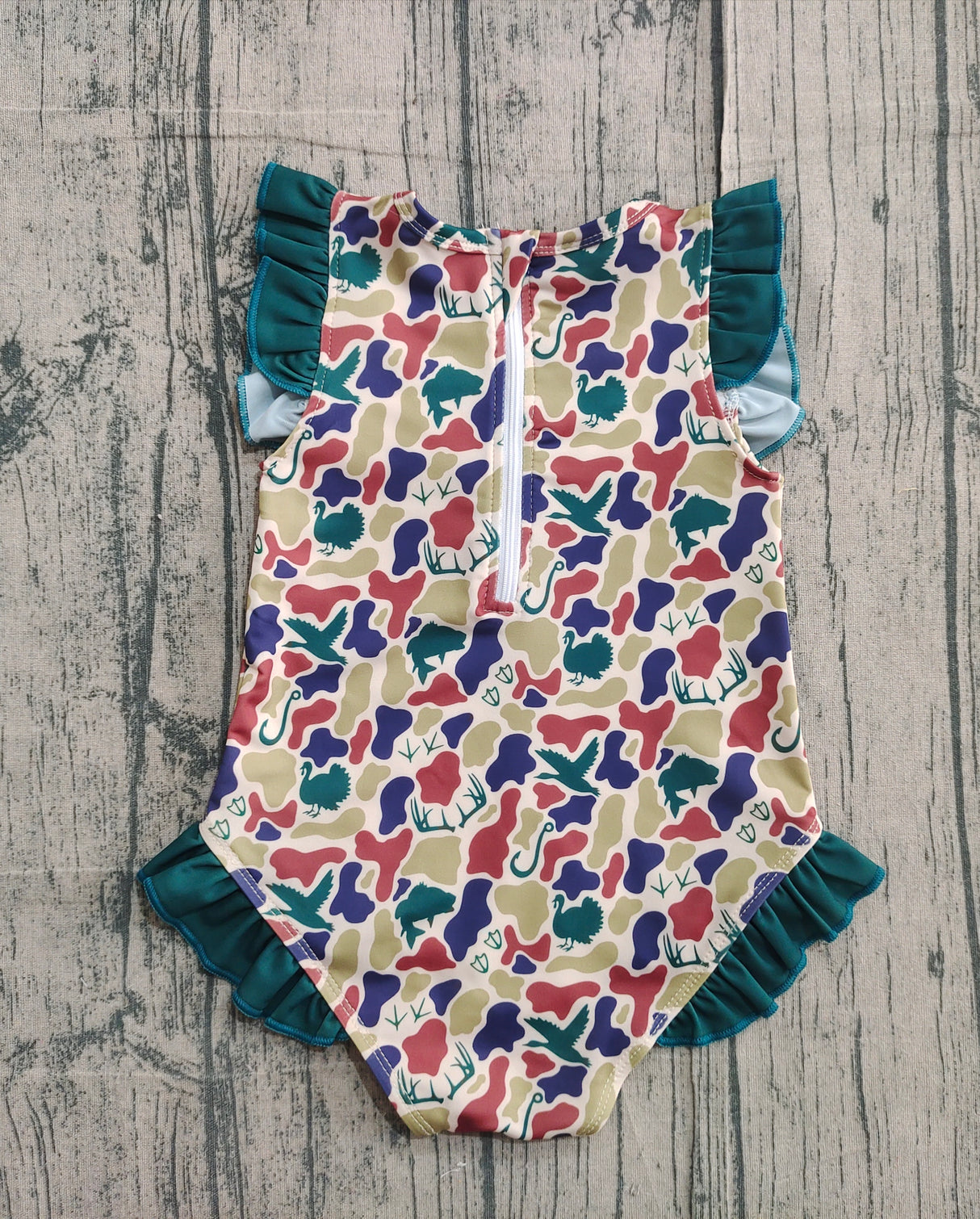 Ruffle camo deer duck fishing hunting baby girls swimsuit