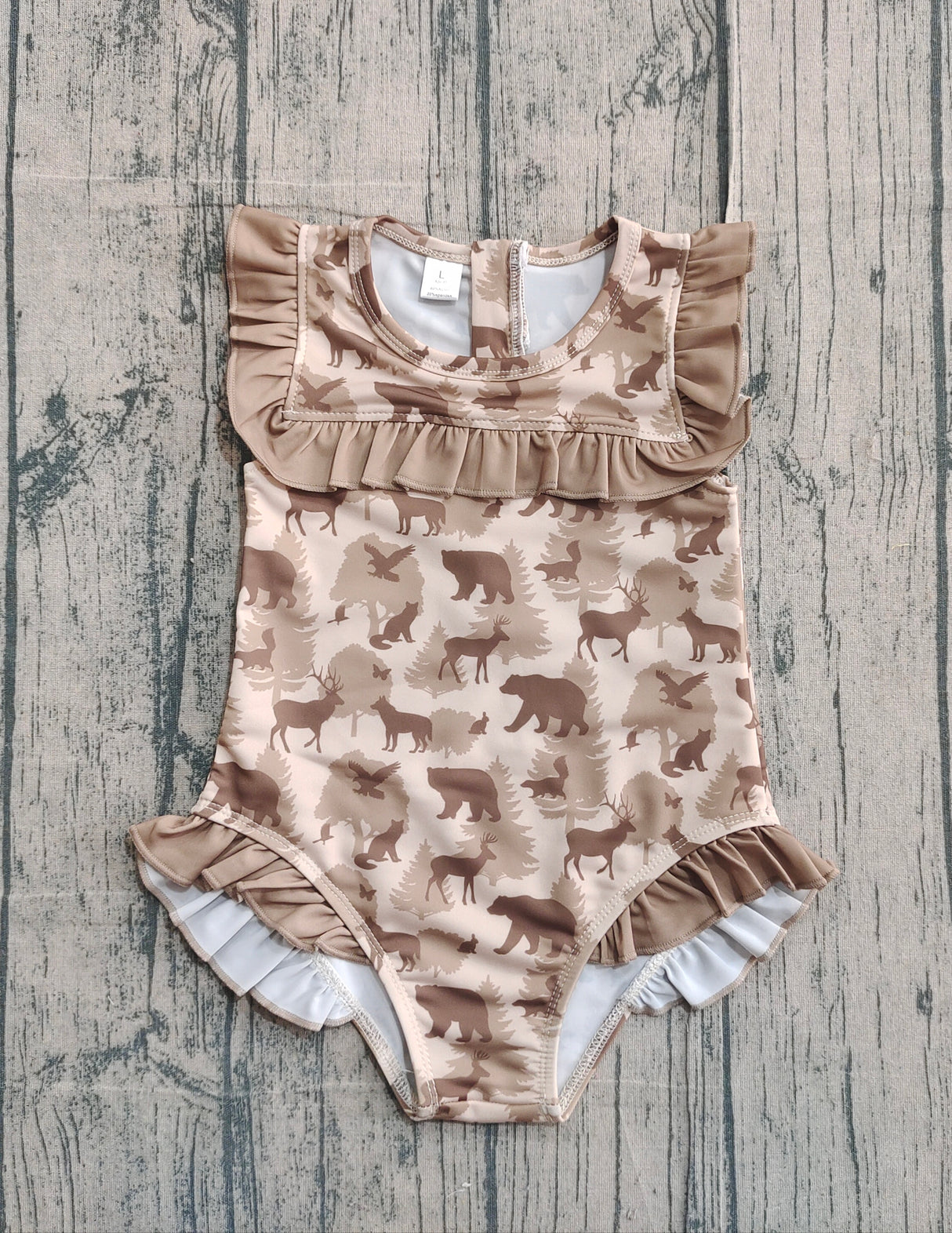 Ruffle deer duck dog bear hunting baby girls swimsuit