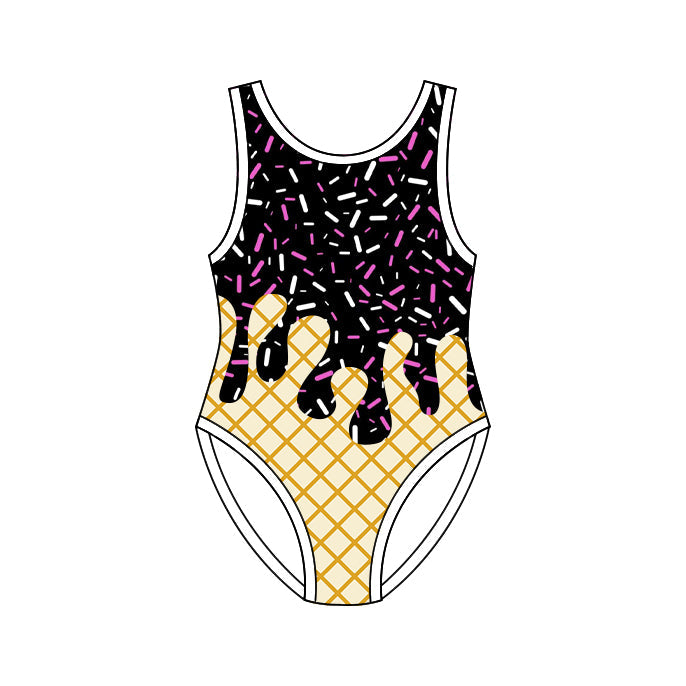 Sleeveless black ice cream sprinkle girls one piece swimsuit