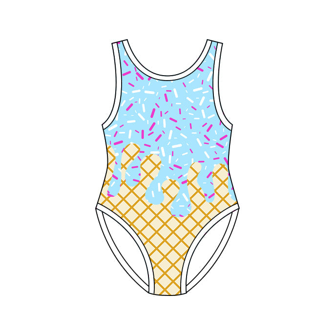 Sleeveless light blue ice cream sprinkle girls one piece swimsuit
