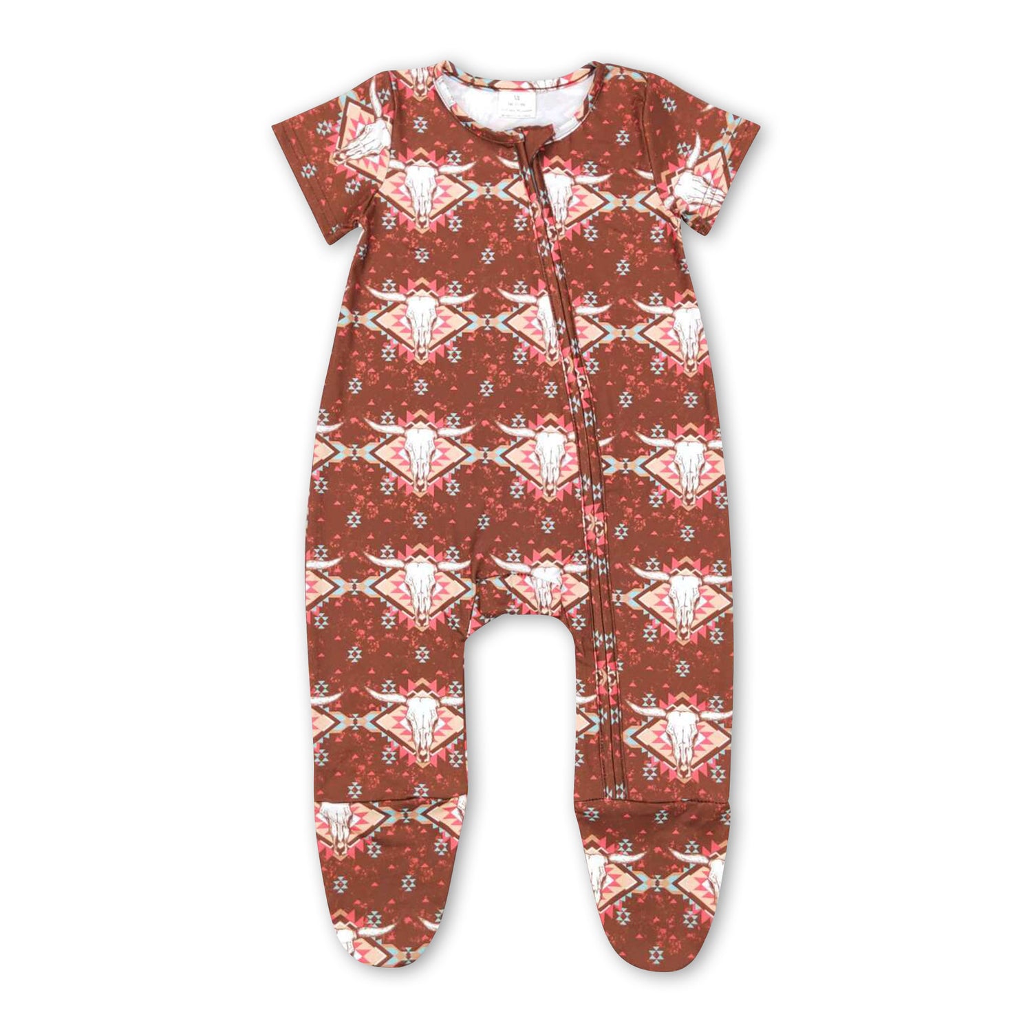 Short sleeves bull skull aztec baby footed zipper coveralls