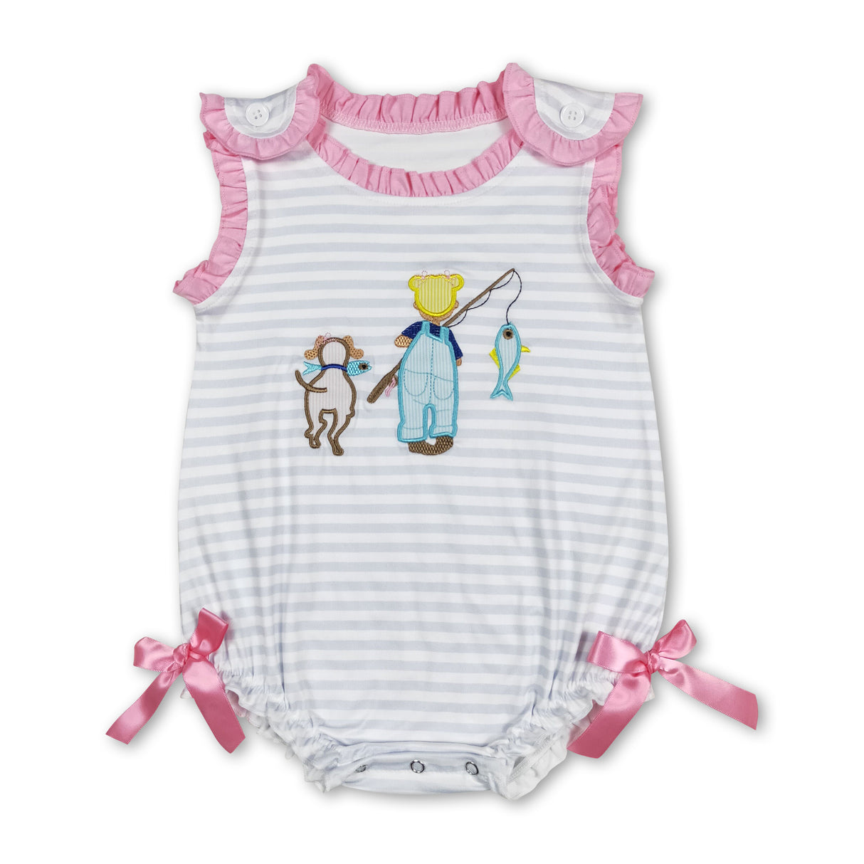 Sleeveless dog fishing stripe baby girls romper
