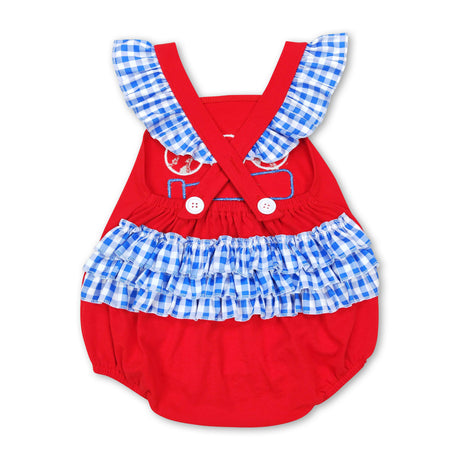 Red baseball plaid ruffle baby girls romper