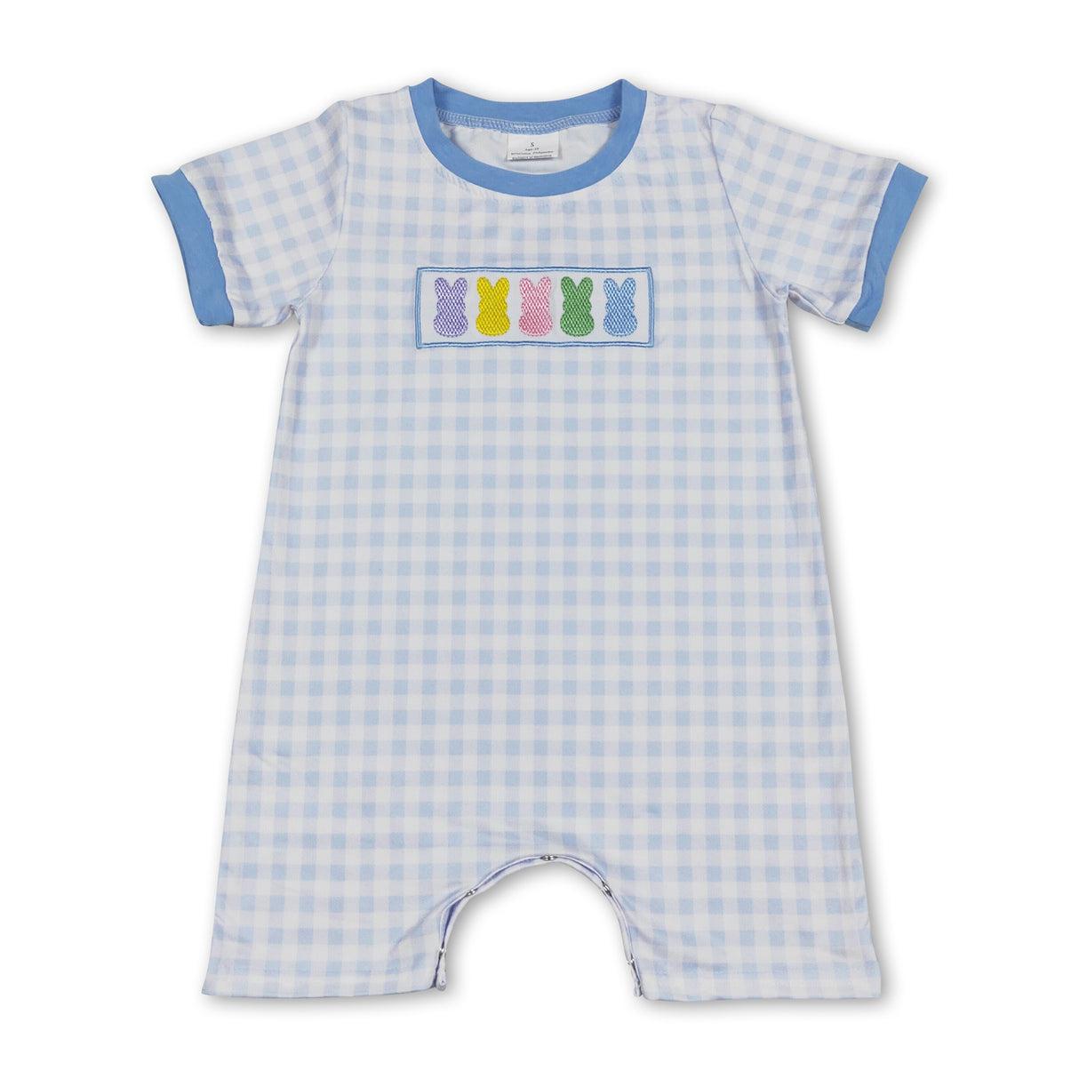 Light blue plaid bunny baby boys easter romper