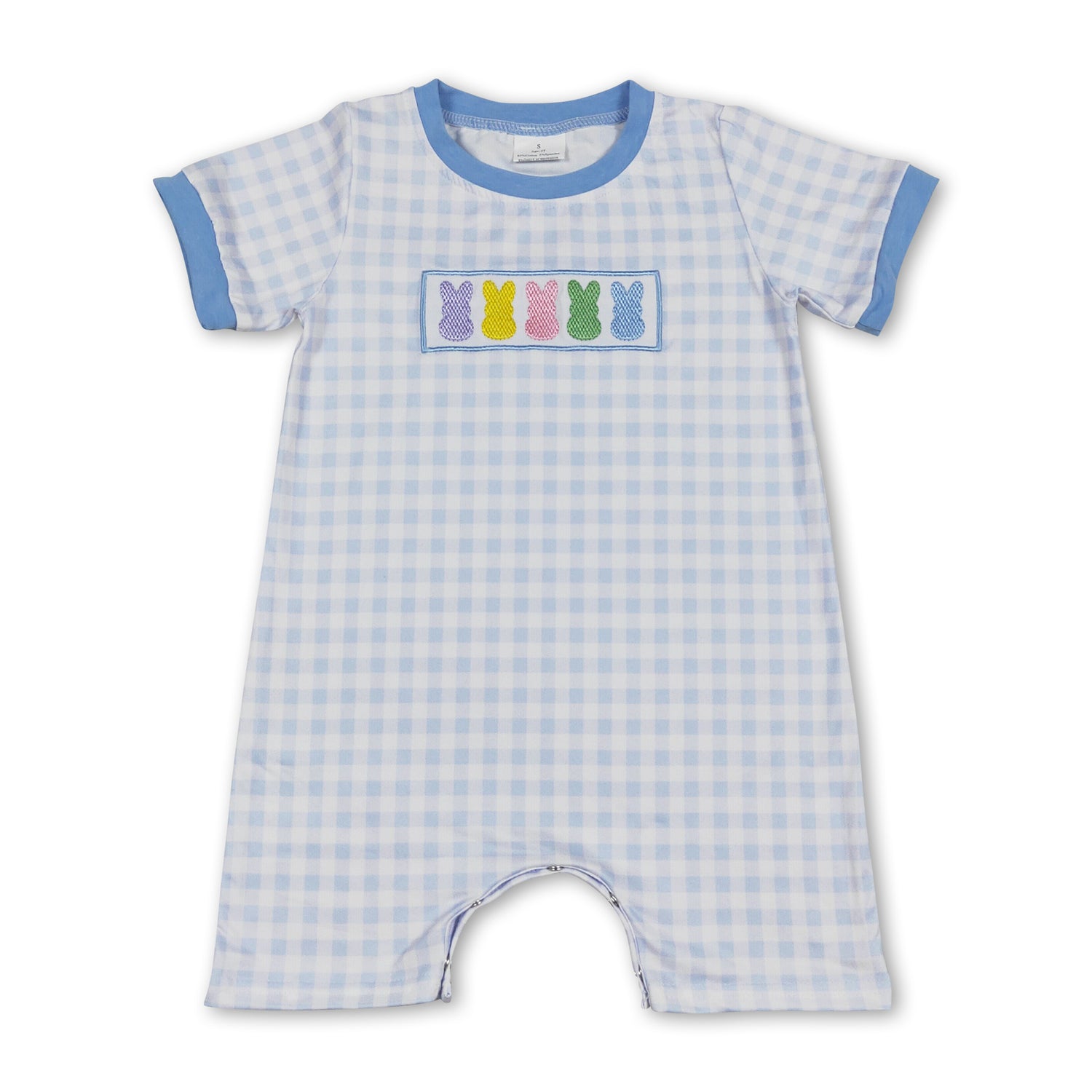Light blue plaid bunny baby boys easter romper