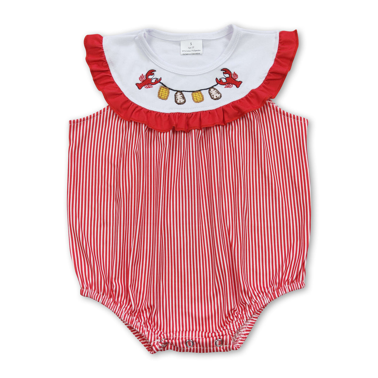 Crawfish corn embroidery stripe baby girls romper