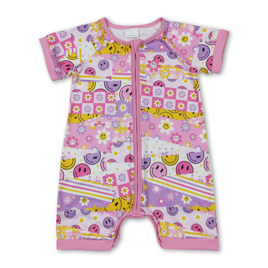 Pink short sleeves smile flower baby girls zipper romper