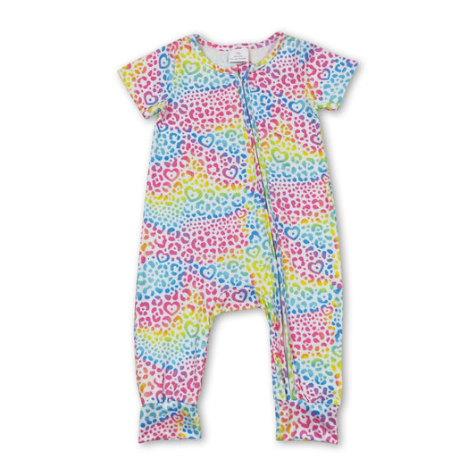 Short sleeves colorful leopard baby girls zipper romper
