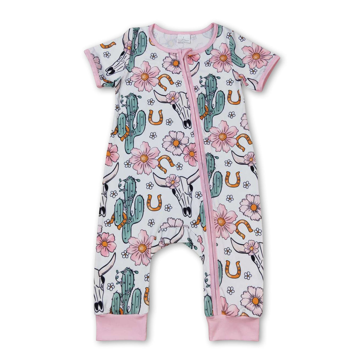 Pink bull skull cactus floral baby girls zipper romper