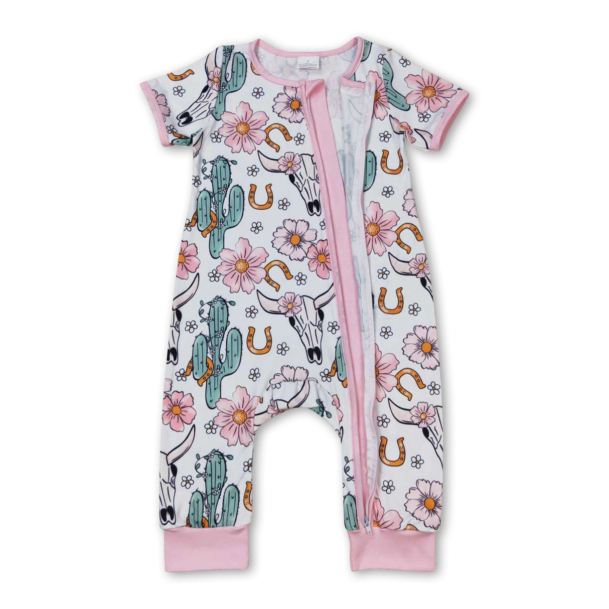 Pink bull skull cactus floral baby girls zipper romper