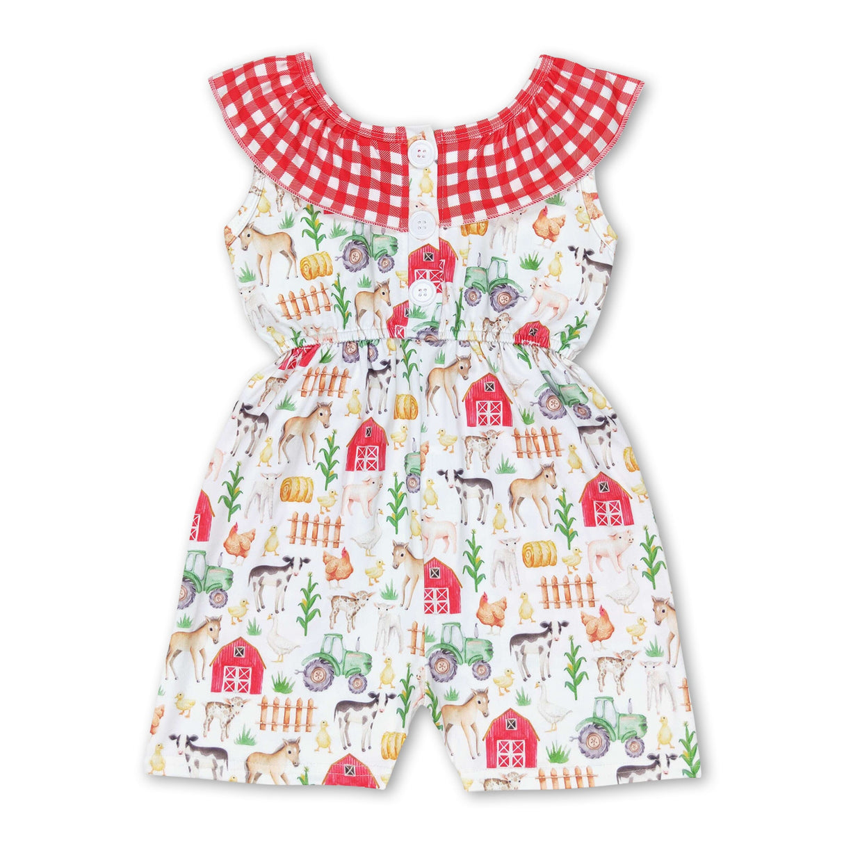 Plaid pig horse chicken pockets baby girls farm jumpsuit