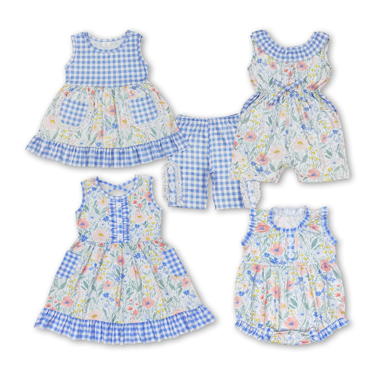 Sleeveless blue plaid floral baby girls romper