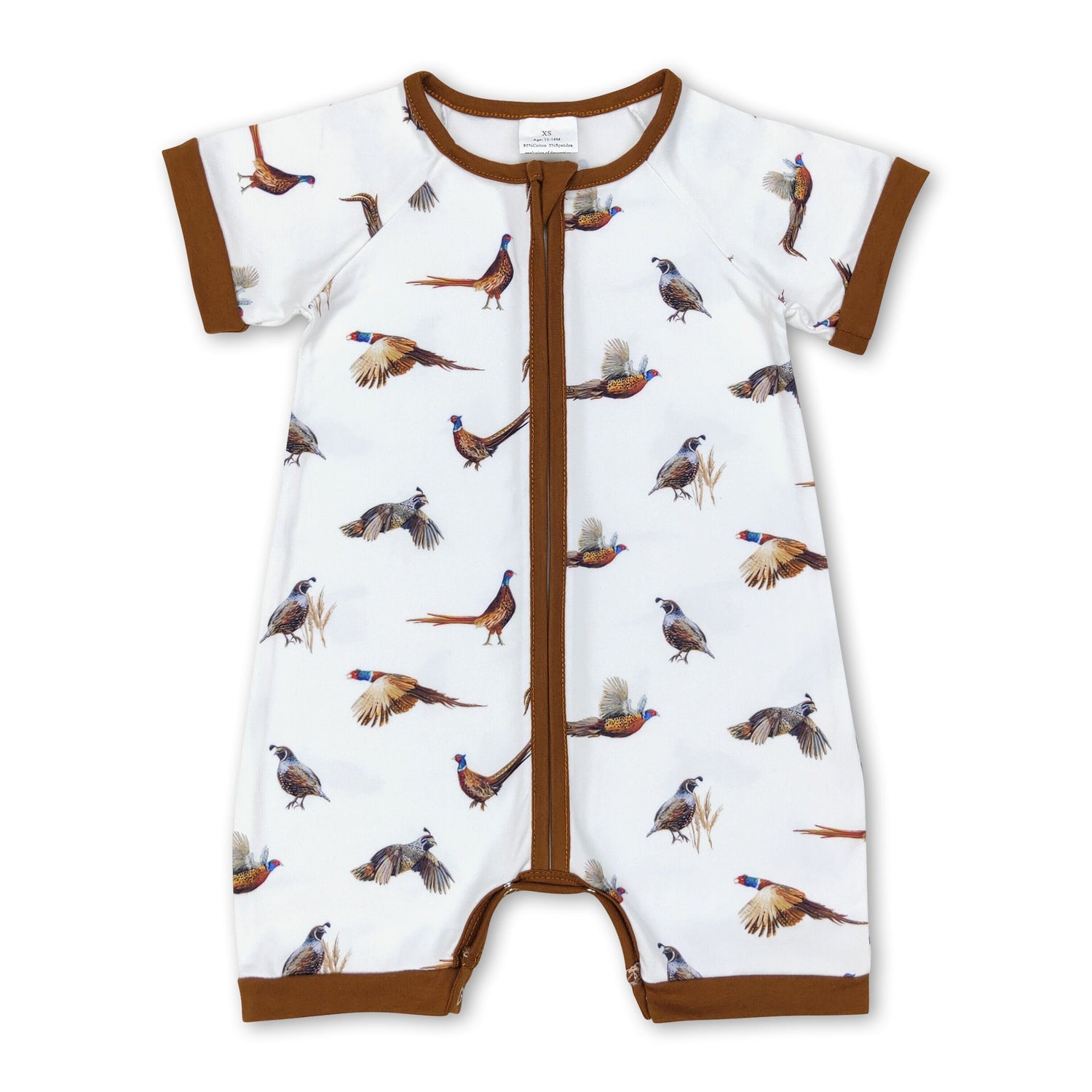 Short sleeves brown pheasant baby boys zip romper