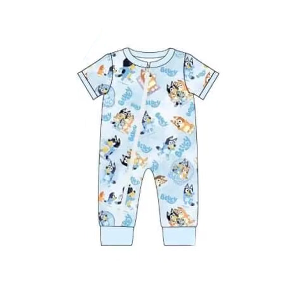 Short sleeves blue dog baby boy zipper romper