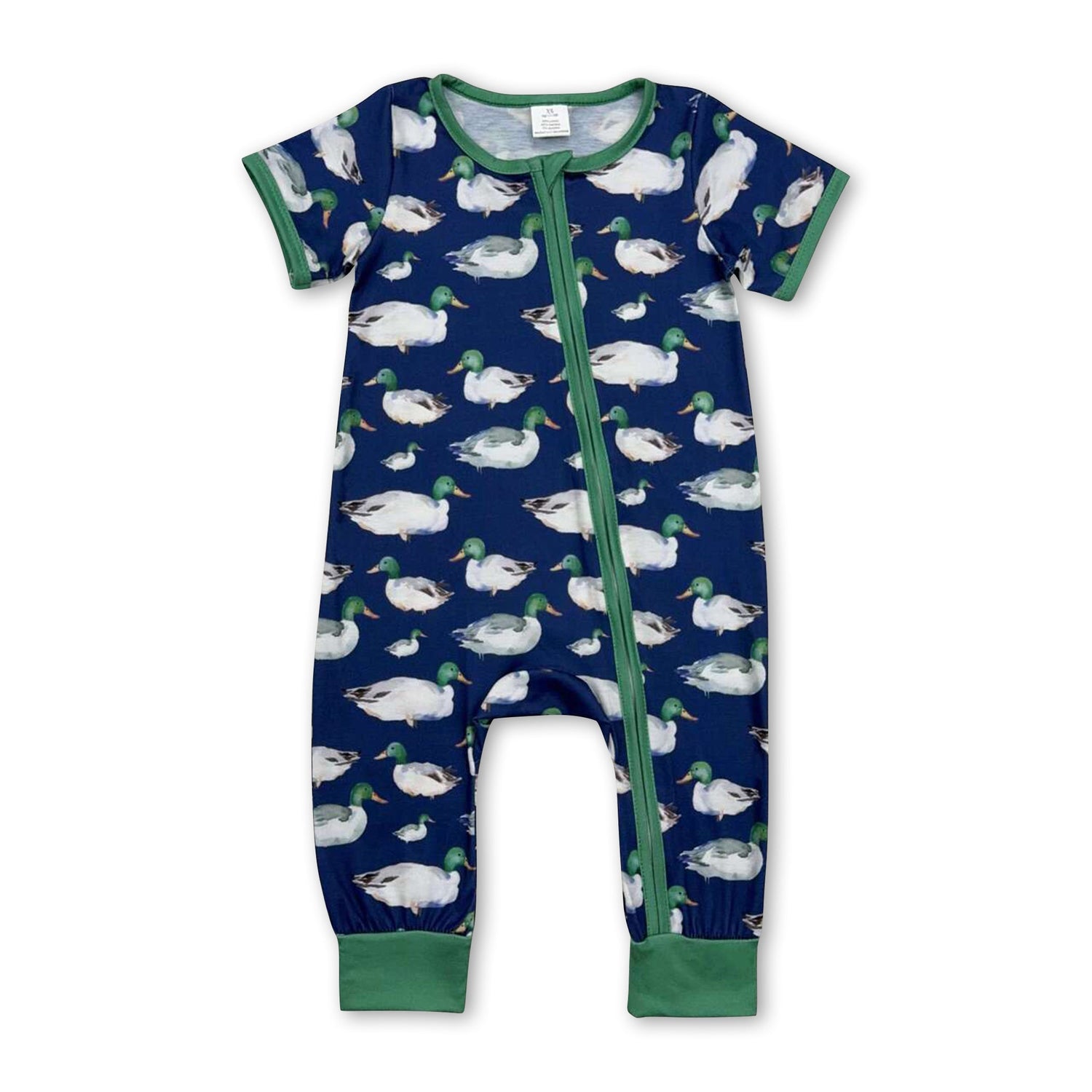Short sleeves green duck baby boy bamboo zipper sleeper