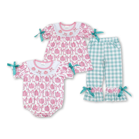Pink pumpkin bow baby girls fall romper