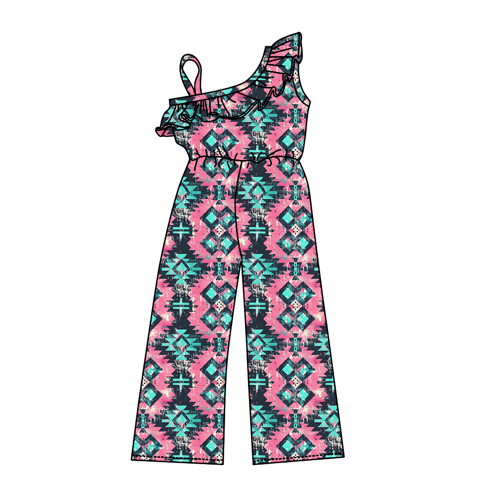 One shoulder pink turquoise aztec girls western jumpsuit