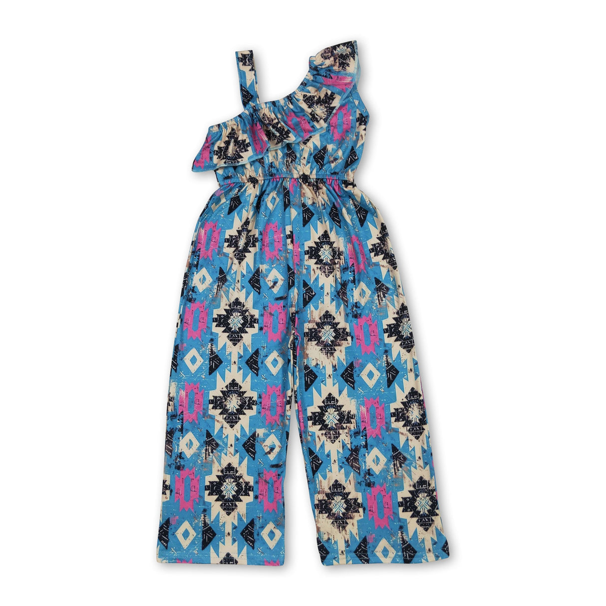 One shoulder beige turquoise aztec girls western jumpsuit