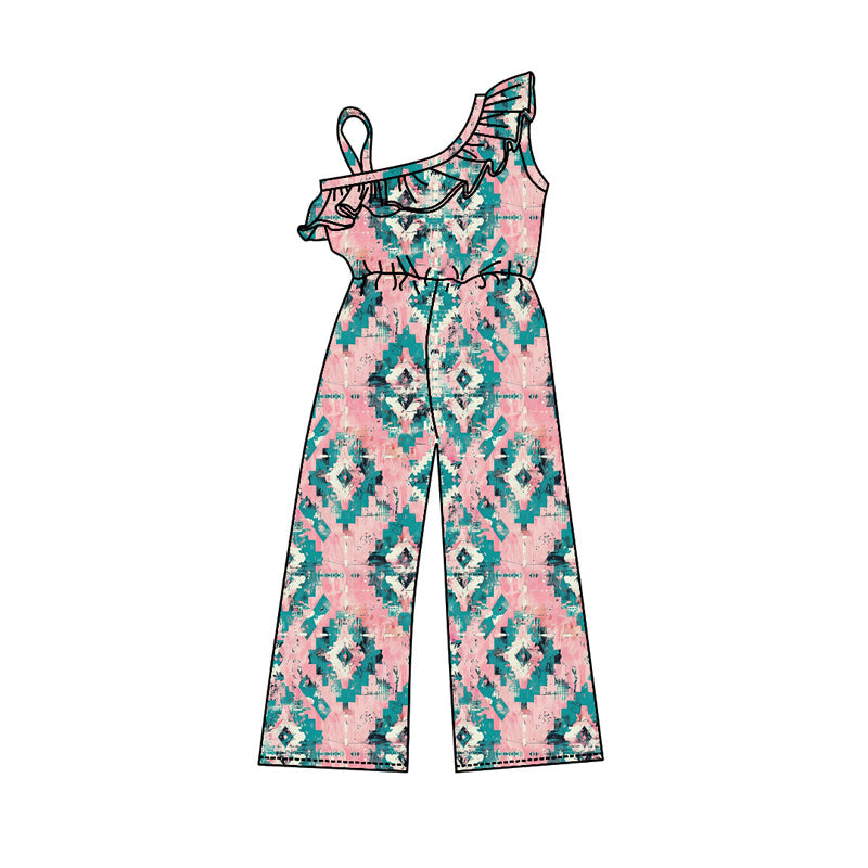 One shoulder pink aztec girls western jumpsuit