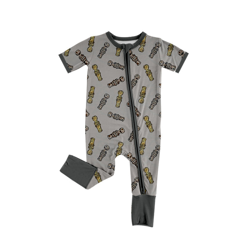 Grey short sleeves camo duck call baby boy zipper romper