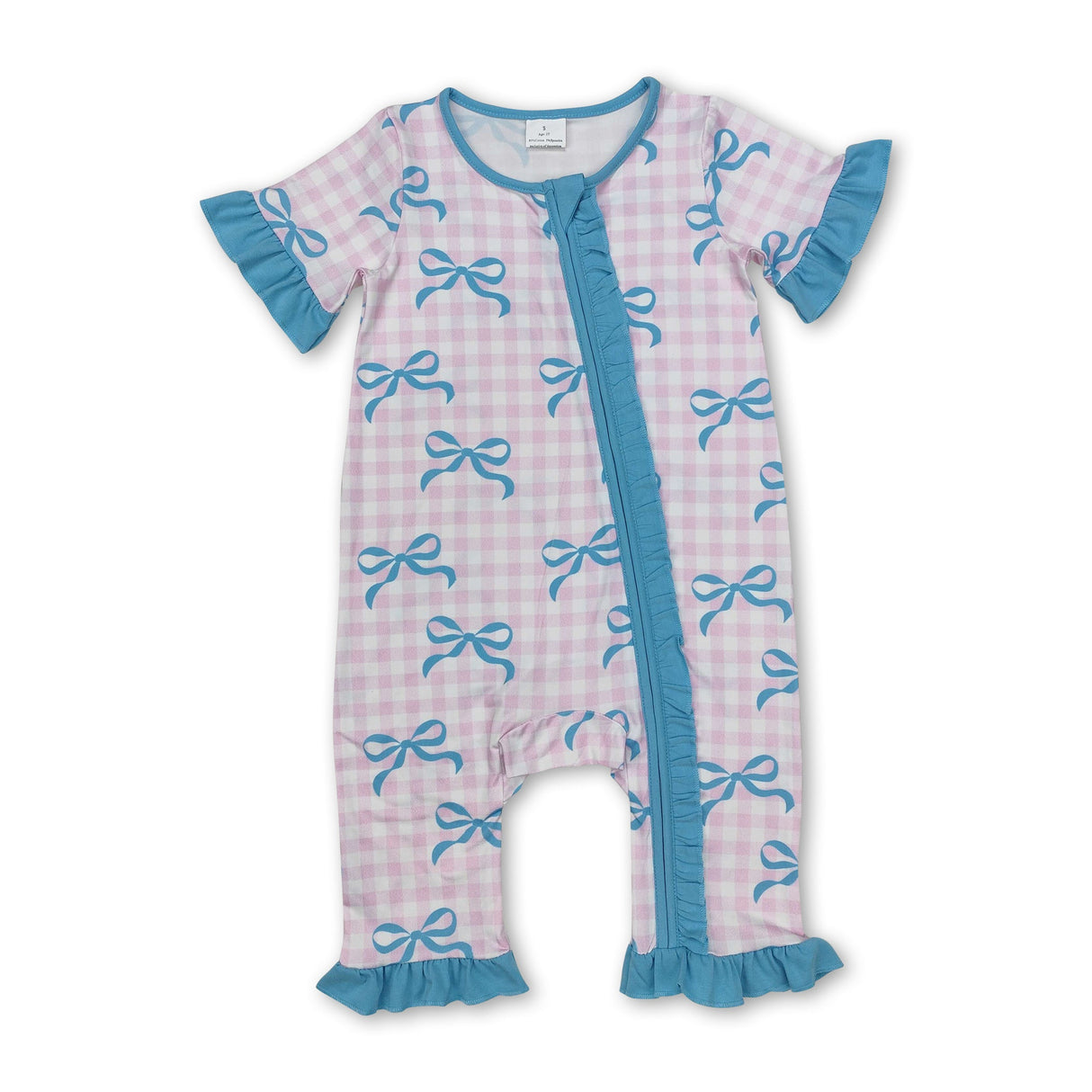 Pink plaid bow short sleeves baby girls zipper romper