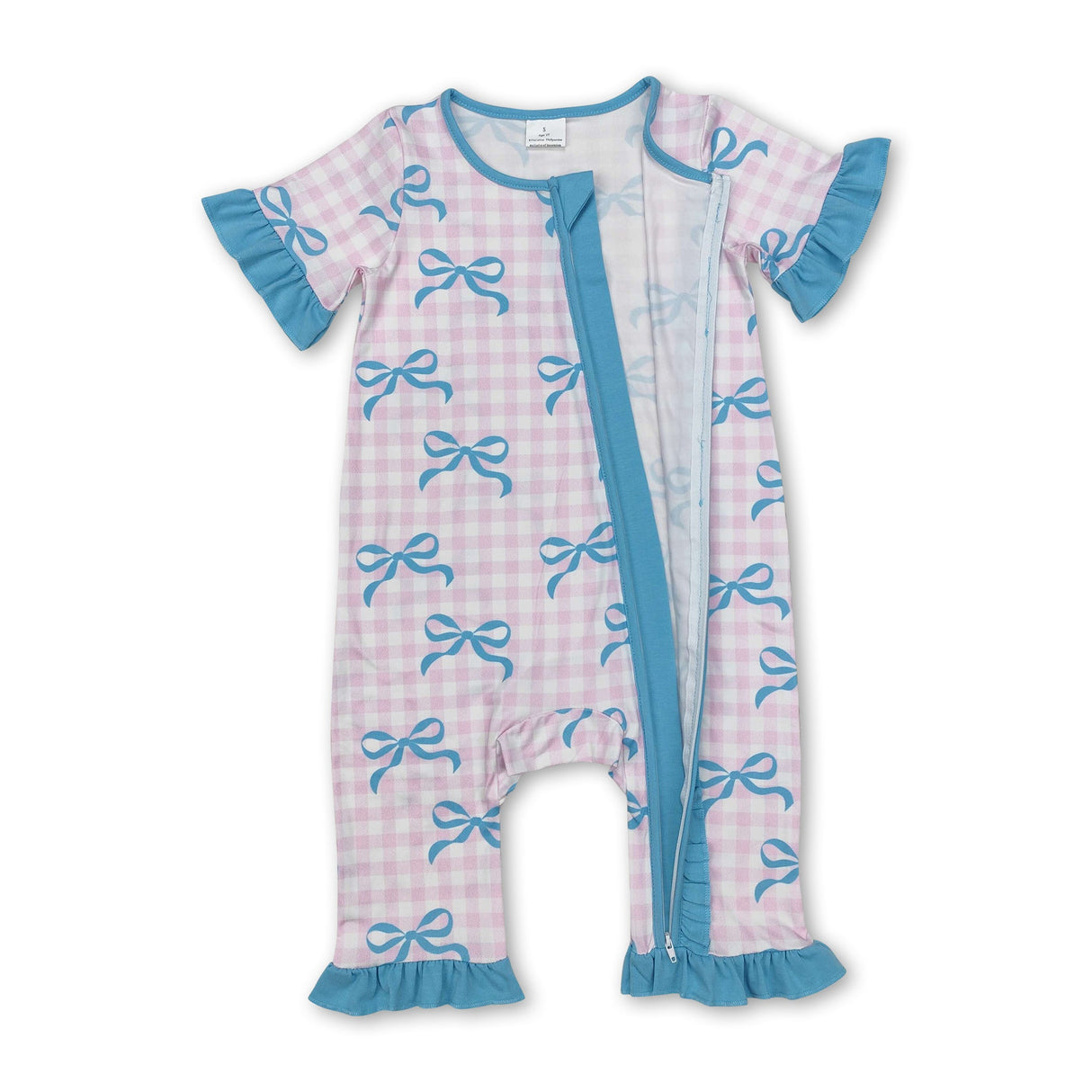 Pink plaid bow short sleeves baby girls zipper romper