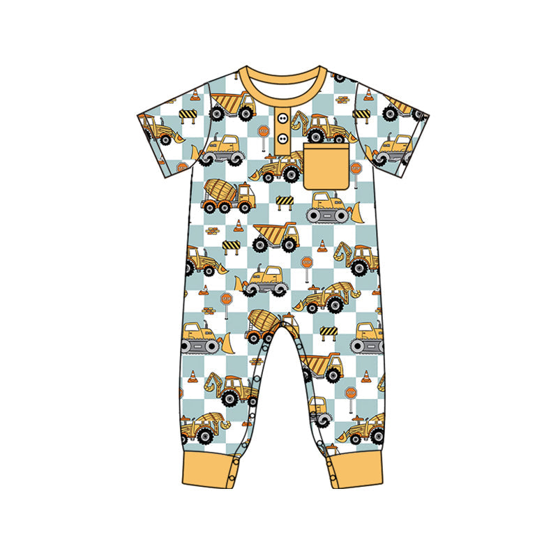 Short sleeves plaid constructions pocket baby boy romper