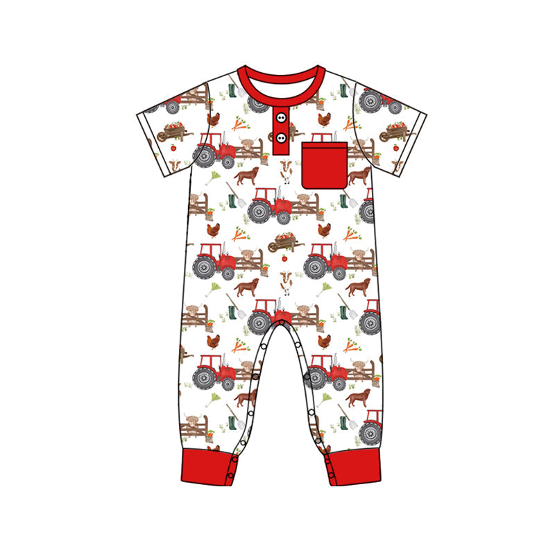 Short sleeves tractor chicken pocket farm baby boy romper
