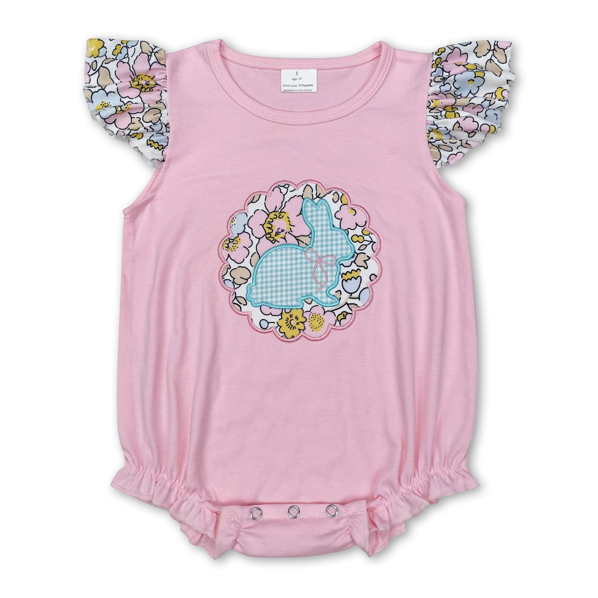 Pink flutter sleeves floral bunny baby girls Easter romper