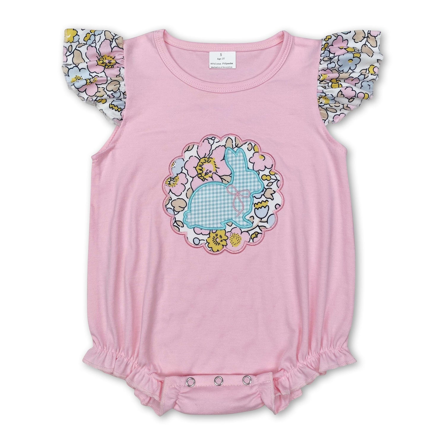 Pink flutter sleeves floral bunny baby girls Easter romper