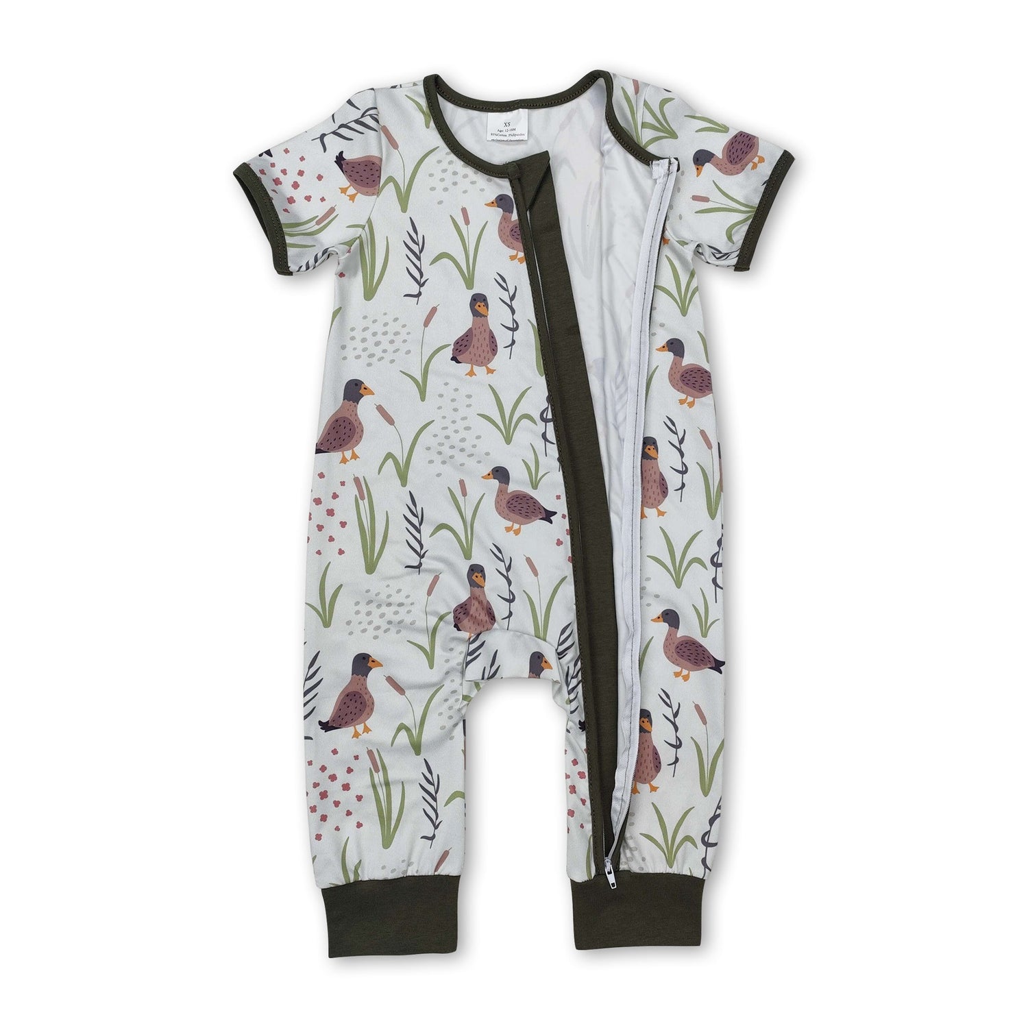 Short sleeves duck grass baby boy zipper romper