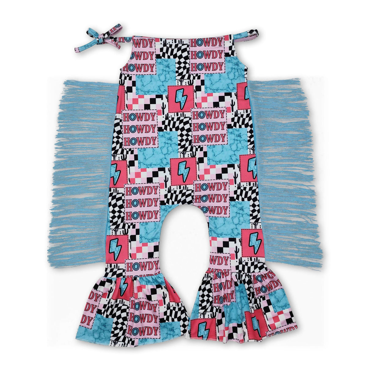 Howdy turquoise thunder patchwork tassels girls romper