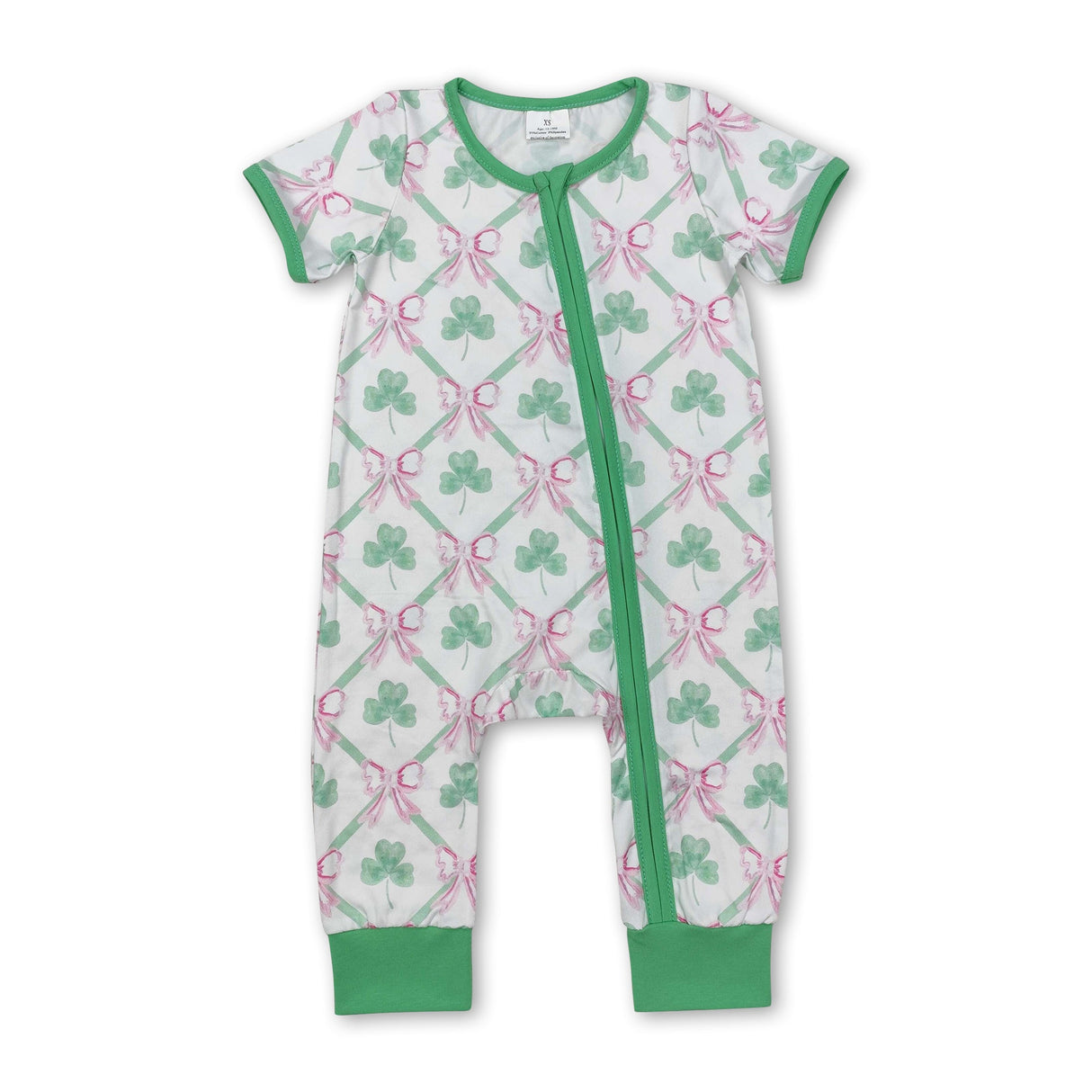 Shamrock pink bow baby girls St Patrick's zipper romper