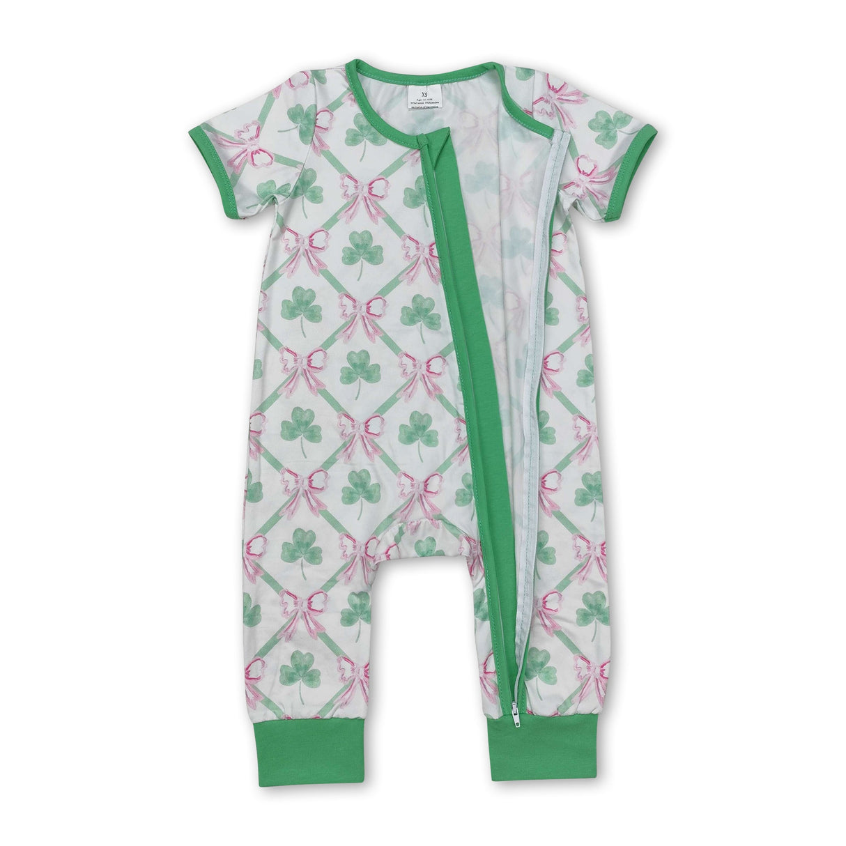 Shamrock pink bow baby girls St Patrick's zipper romper