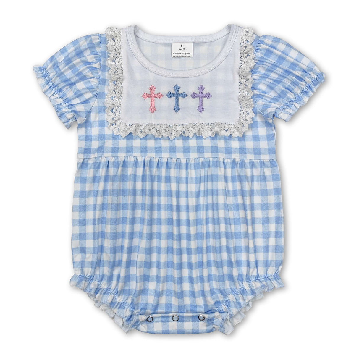 Light blue plaid short sleeves cross baby girls Easter romper
