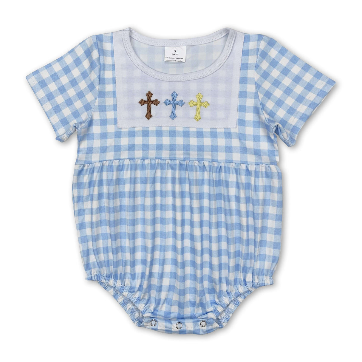 Light blue plaid short sleeves cross baby boys Easter romper