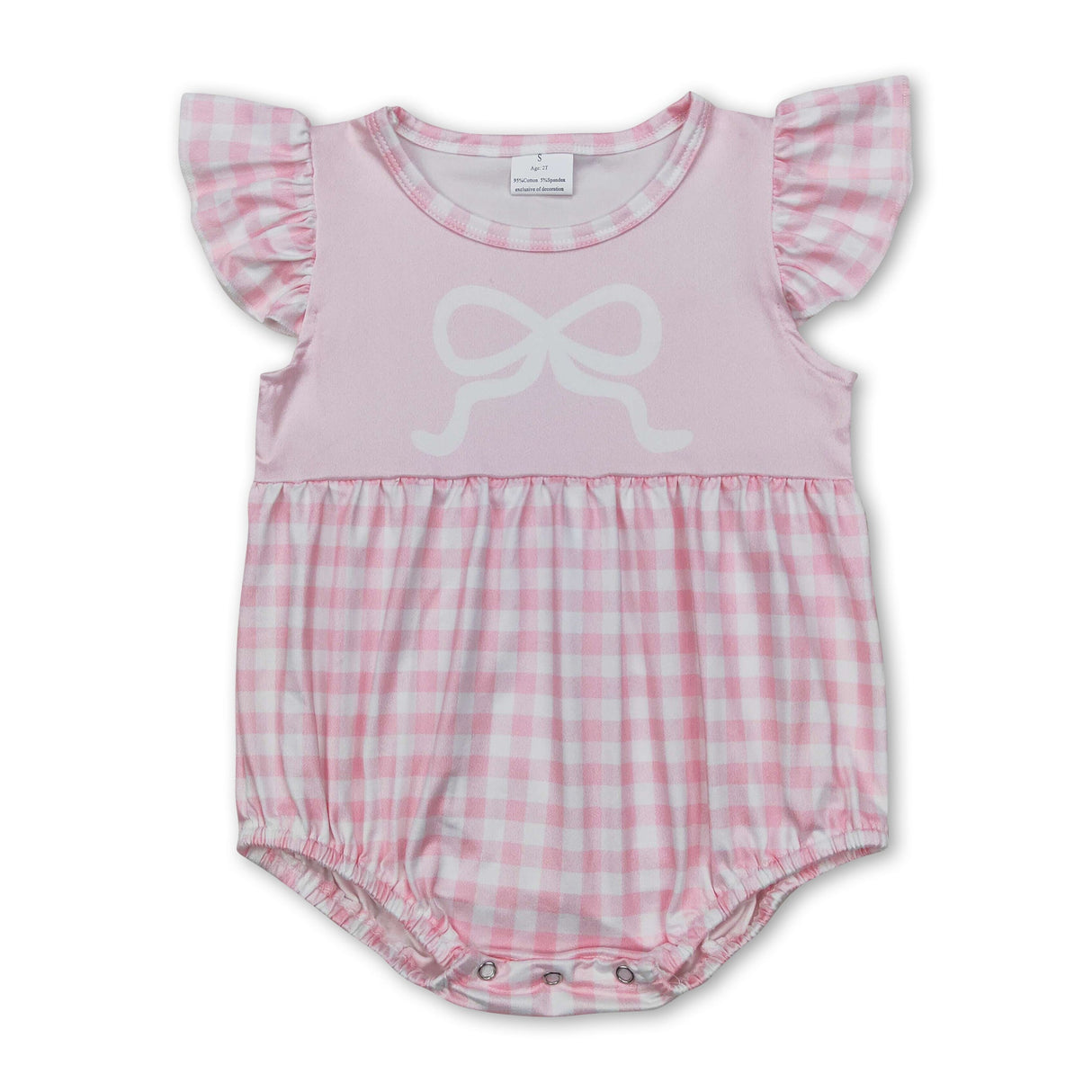 Pink flutter sleeves plaid bow baby girls romper