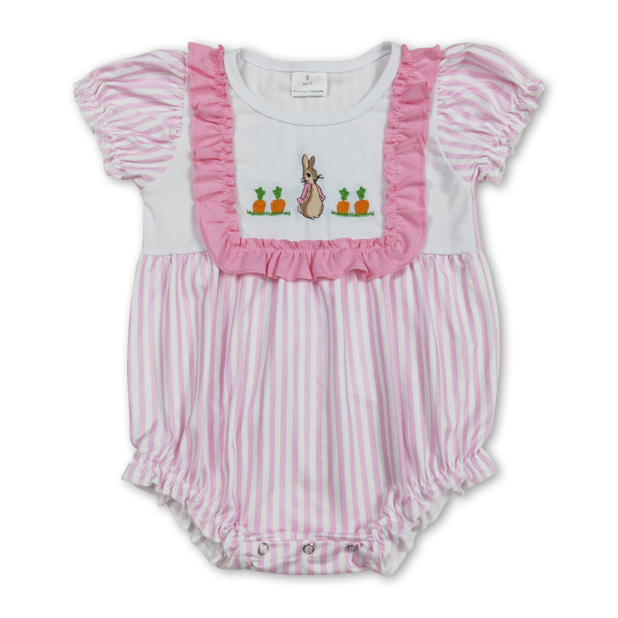 Pink stripe short sleeves carrot bunny baby girls Easter romper