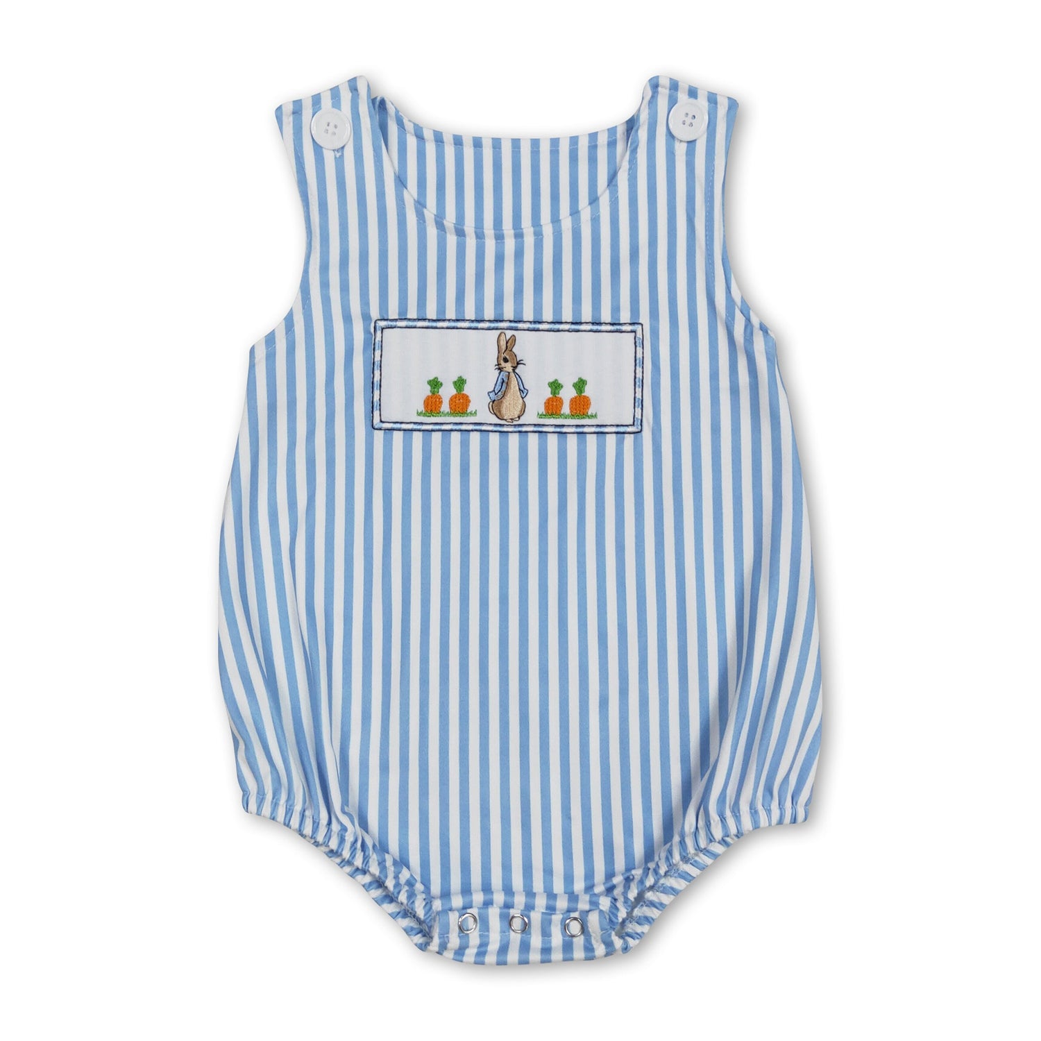 Light blue stripe carrot bunny baby boys Easter romper