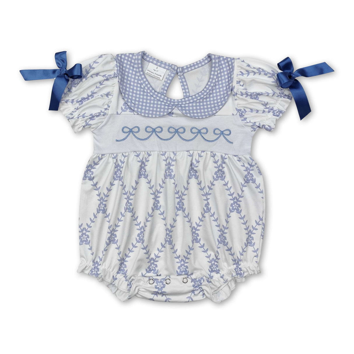 Short sleeves light blue bow floral baby girls summer romper