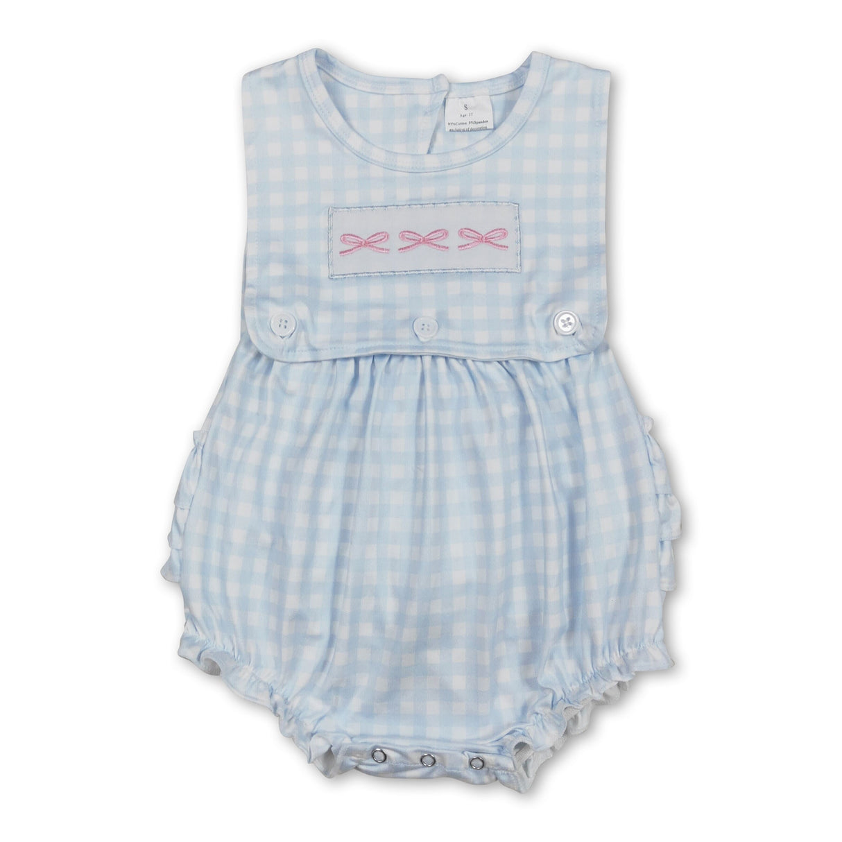 Sleeveless bow embroidery plaid ruffle baby girls romper