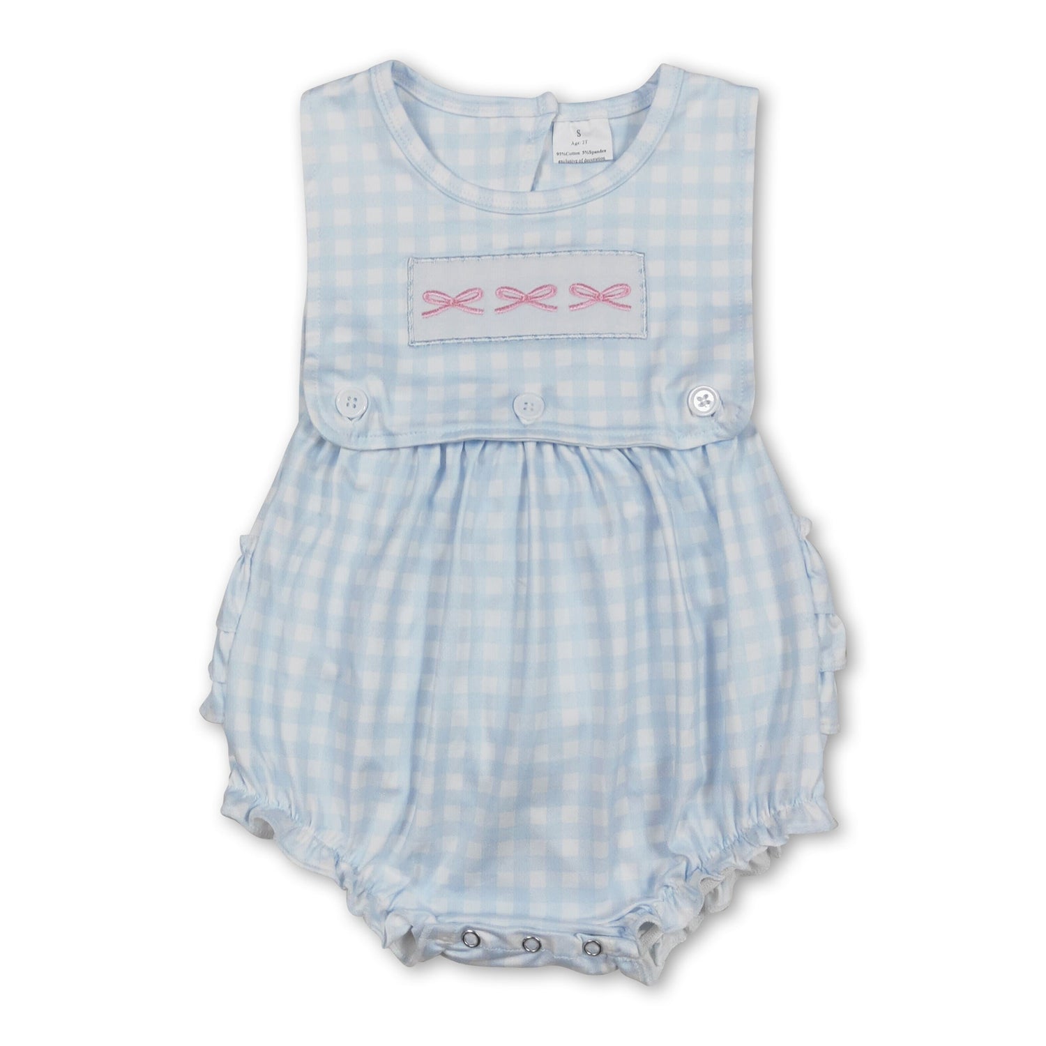 Sleeveless bow embroidery plaid ruffle baby girls romper