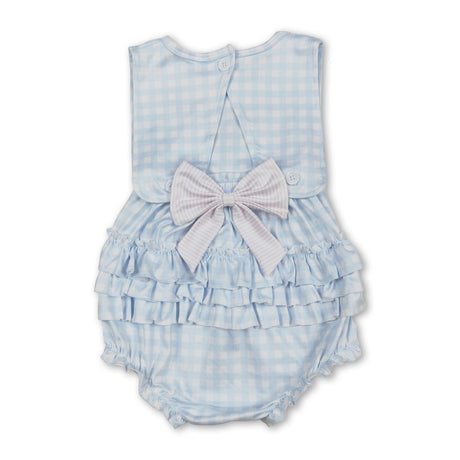 Sleeveless bow embroidery plaid ruffle baby girls romper